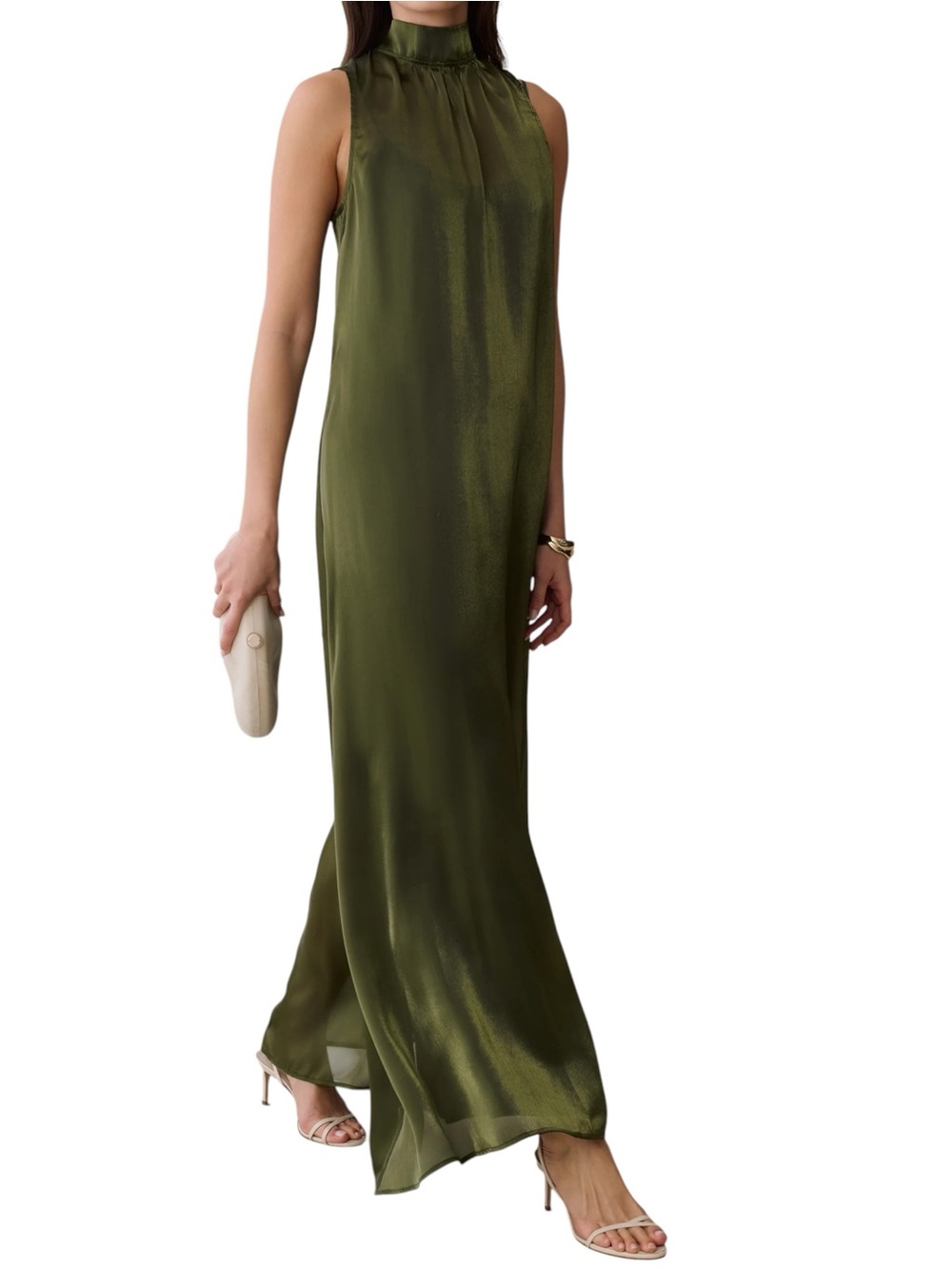 Caara Few Moda Alette Dress Olive Green Satin Bow-Back Maxi Sheer Overlay NWT